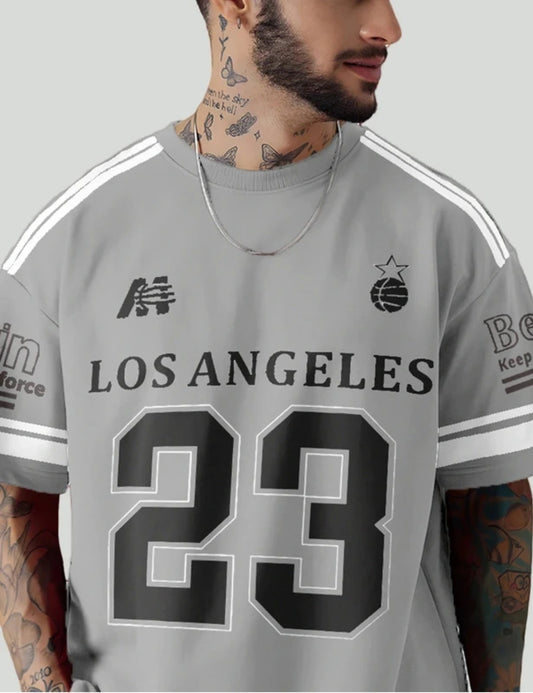 Men’s Oversized Grey “Los Angeles 23” Printed T-Shirt | Streetwear Casual Cotton Tee