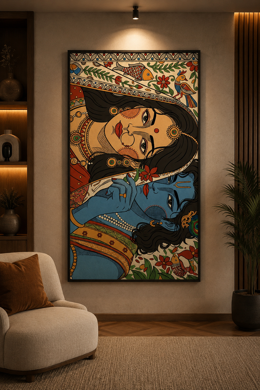 Radha Krishna Madhubani Wall Painting | 18x24 Inch Framed Canvas Art for Living Room & Home Decor