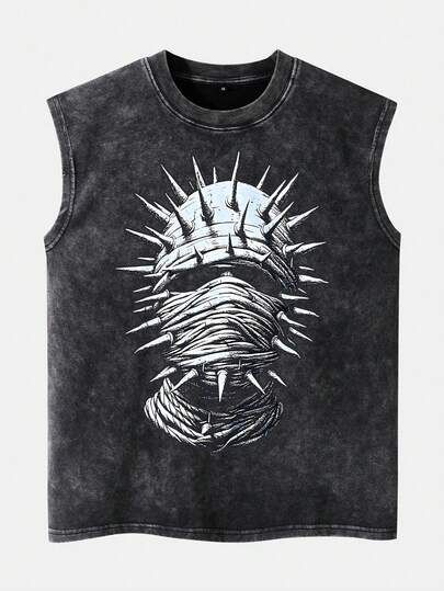 Men’s Acid Wash Sleeveless T-Shirt – Gothic Skull Spike Graphic Gym Tank | Streetwear Muscle Tee