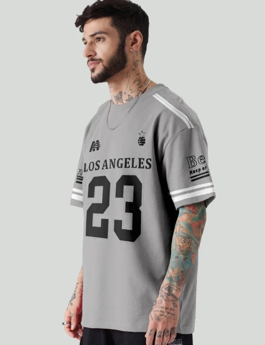 Men’s Oversized Grey “Los Angeles 23” Printed T-Shirt | Streetwear Casual Cotton Tee