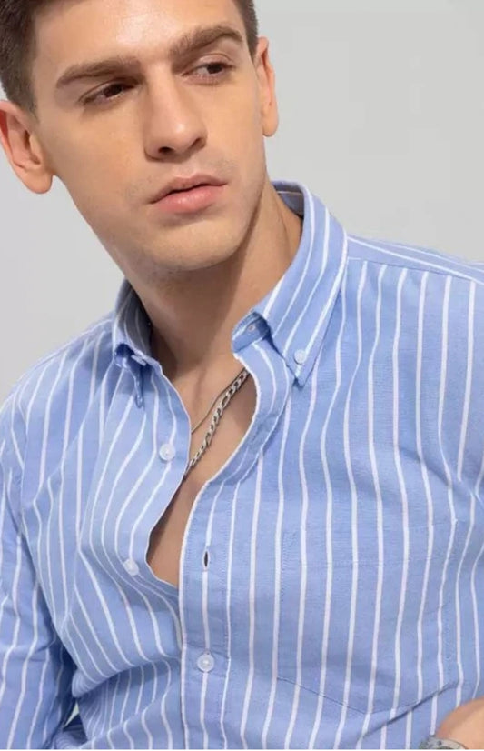 Men’s Sky Blue Striped Shirt – Slim Fit Casual & Formal Wear