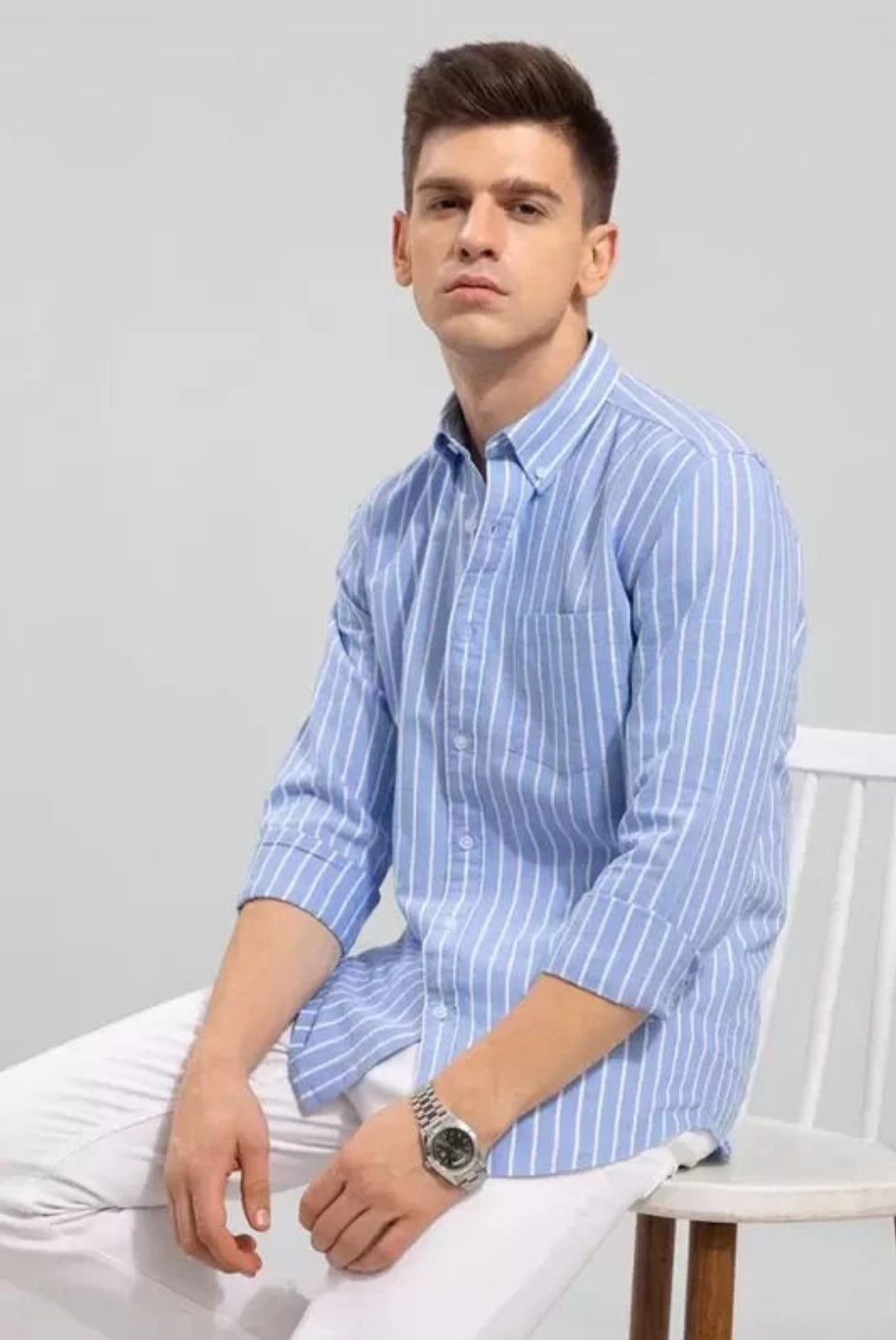 Men’s Sky Blue Striped Shirt – Slim Fit Casual & Formal Wear