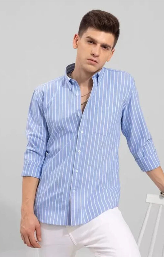 Men’s Sky Blue Striped Shirt – Slim Fit Casual & Formal Wear