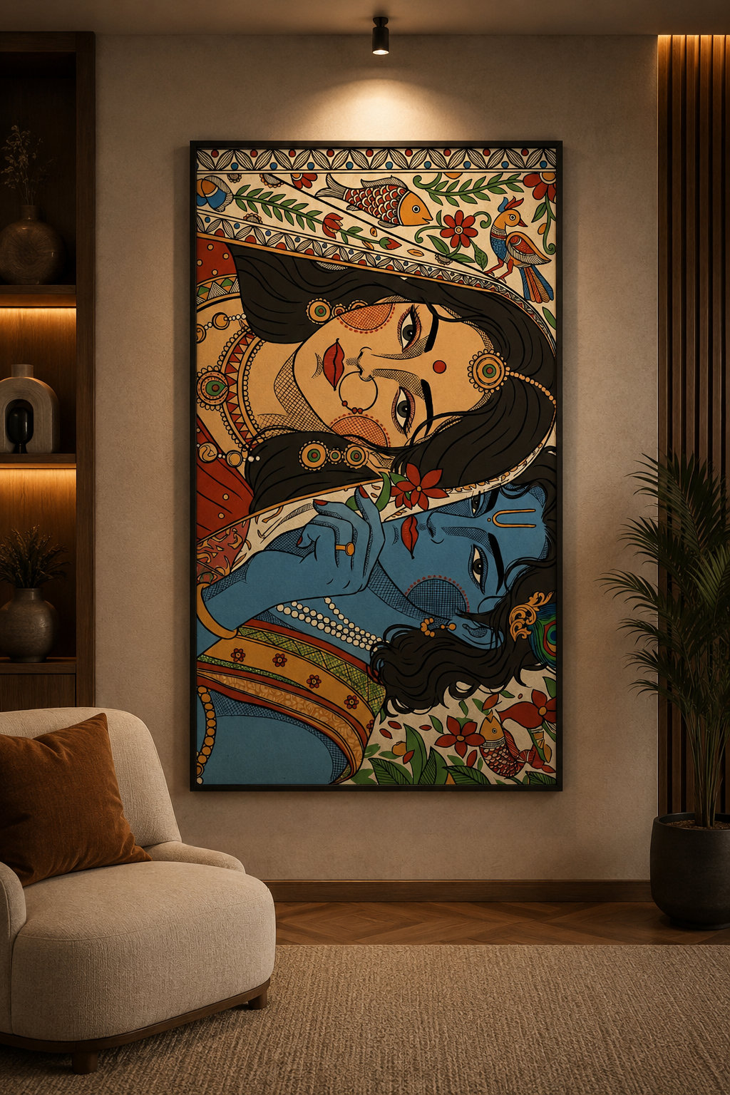 Radha Krishna Madhubani Wall Painting | 18x24 Inch Framed Canvas Art for Living Room & Home Decor