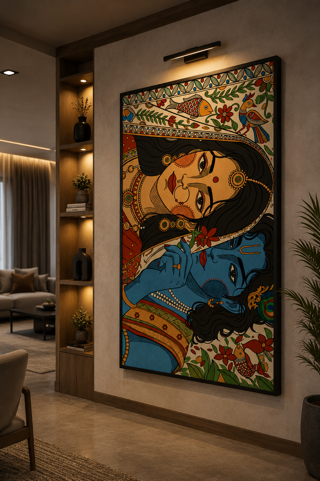 Radha Krishna Madhubani Wall Painting | 18x24 Inch Framed Canvas Art for Living Room & Home Decor