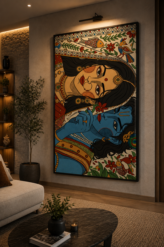 Radha Krishna Madhubani Wall Painting | 18x24 Inch Framed Canvas Art for Living Room & Home Decor